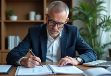 Homme d'âge moyen en costume noir examine un tableau Syscohada