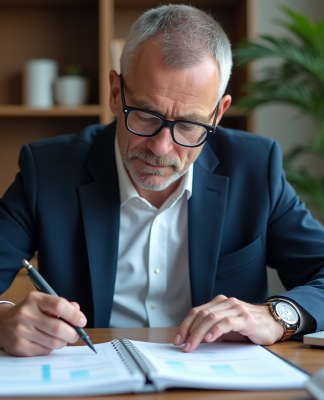 Homme d'âge moyen en costume noir examine un tableau Syscohada