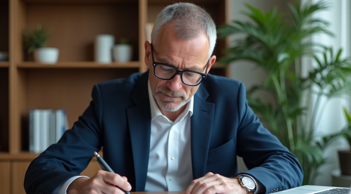 Homme d'âge moyen en costume noir examine un tableau Syscohada