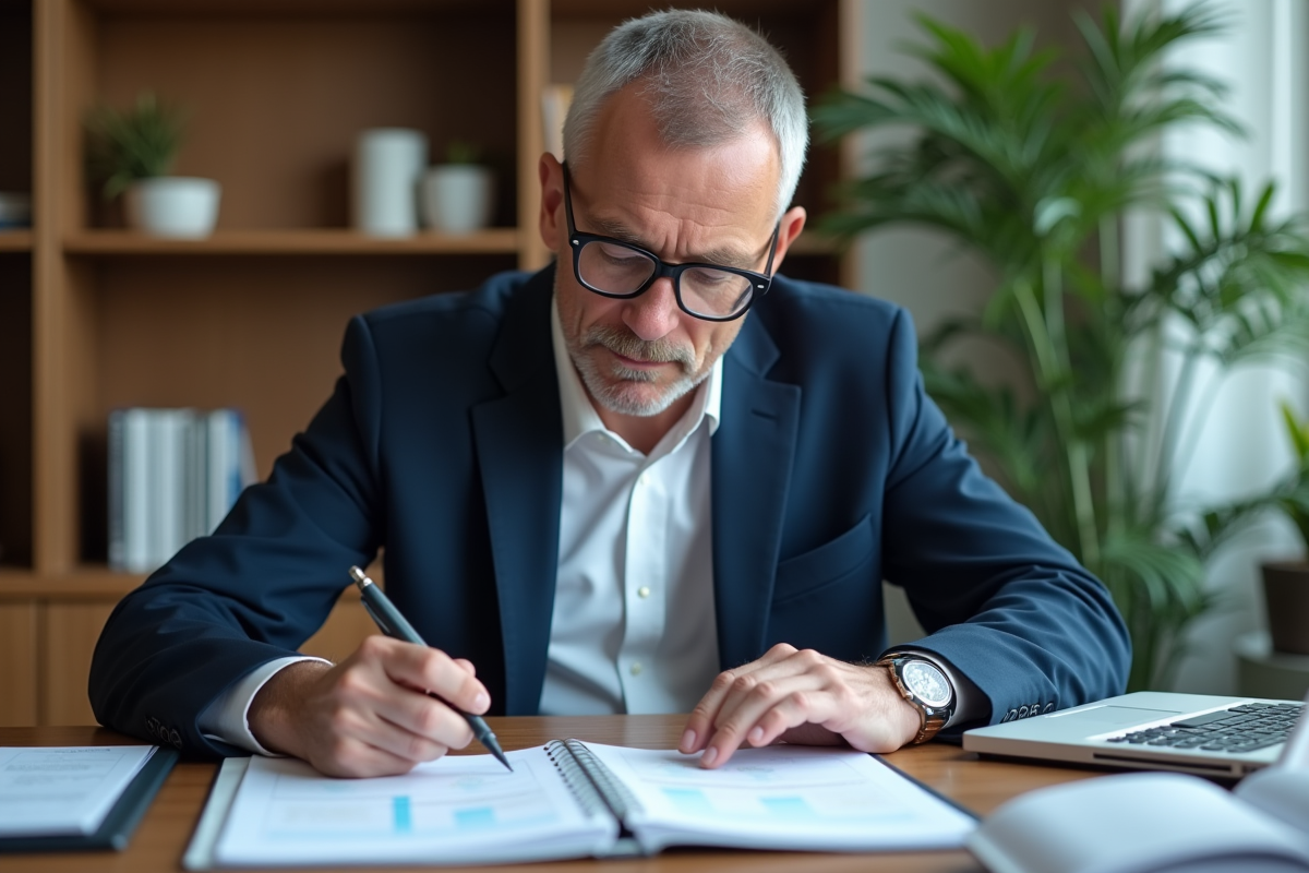 Homme d'âge moyen en costume noir examine un tableau Syscohada
