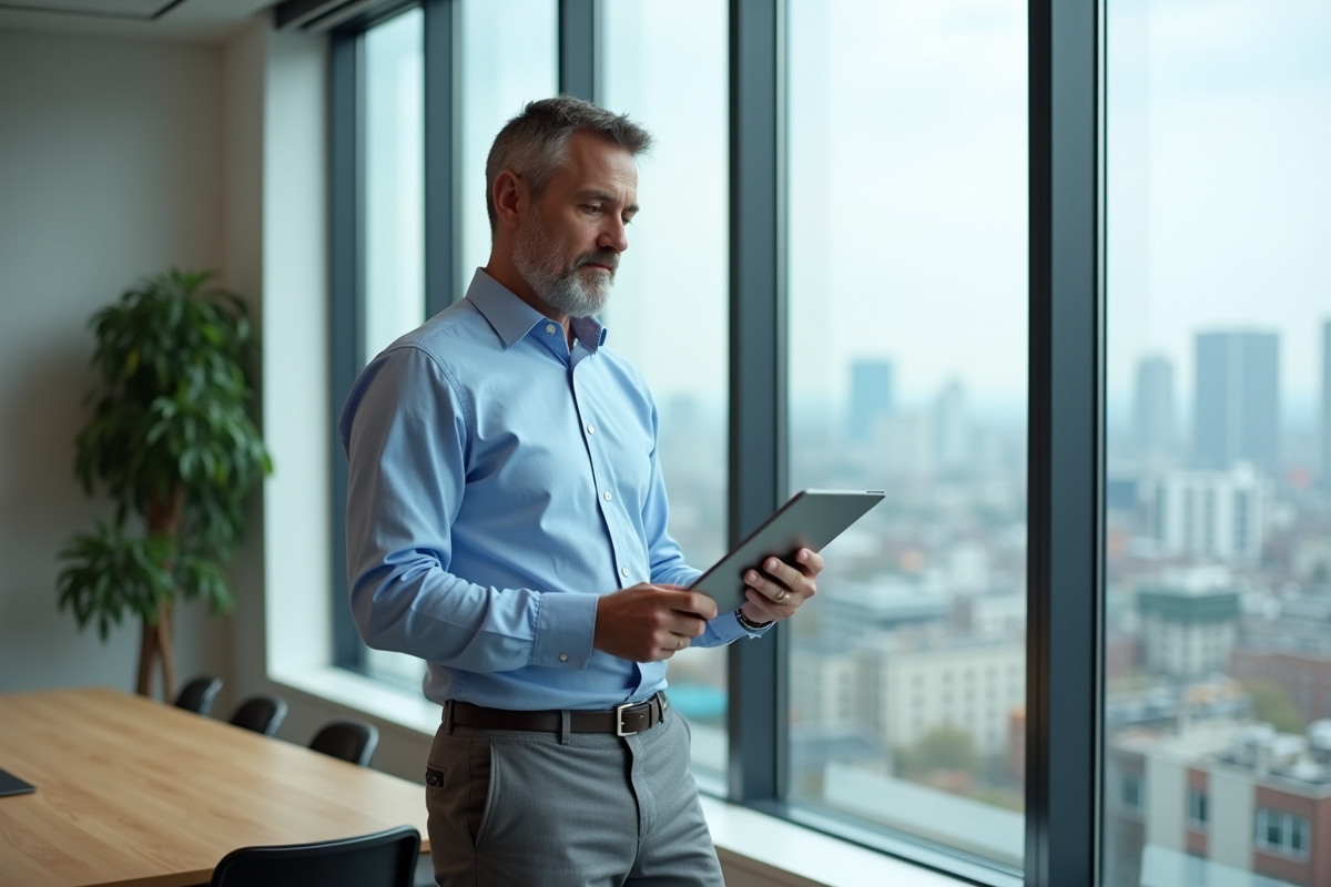 Homme daffaires regardant la ville depuis une fenêtre