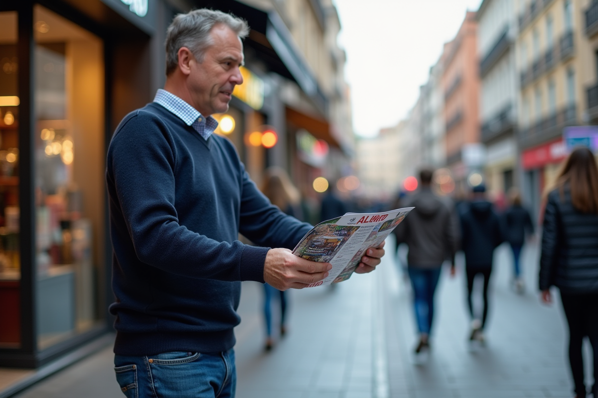 Homme distribuant un flyer coloré dans une rue animée en ville