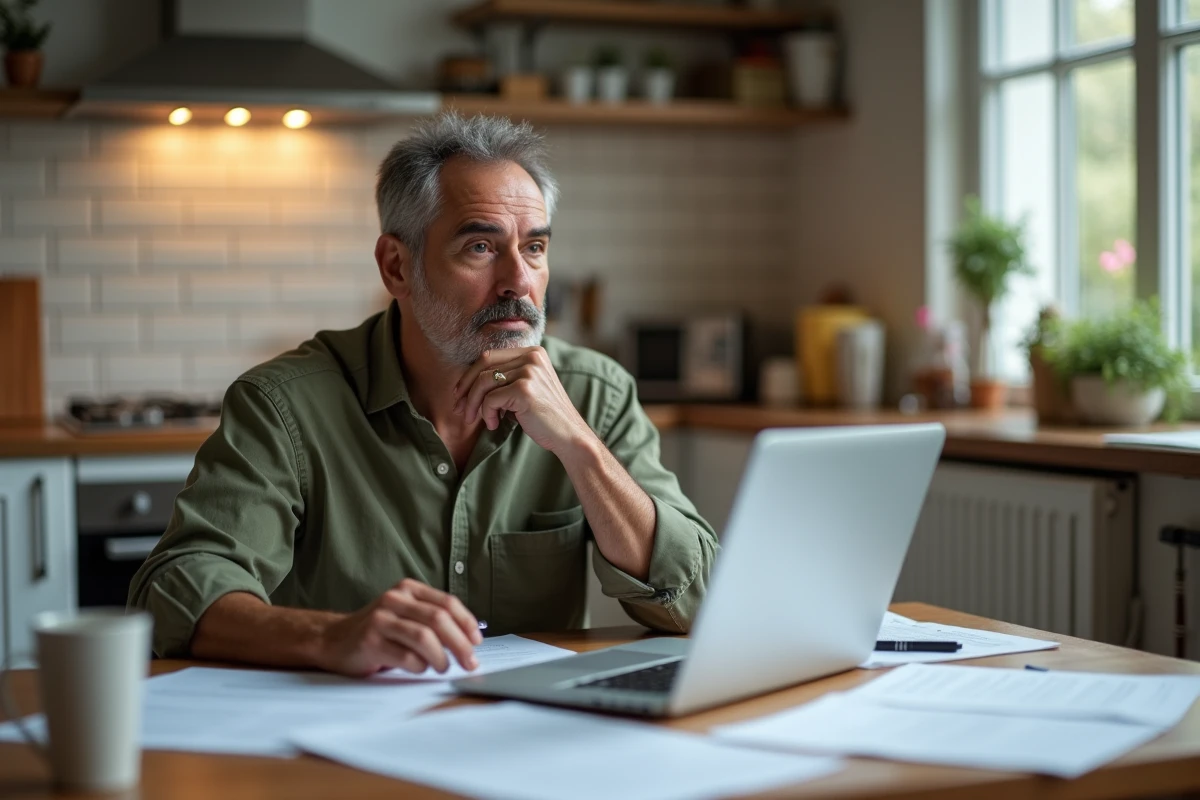 Homme à la maison consultant des documents juridiques et un ordinateur portable pour comparer le CSP et le CDI de reclassement