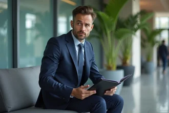 Homme nerveux en costume navy lors d'un entretien d'embauche