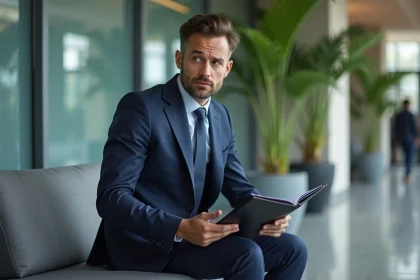 Homme nerveux en costume navy lors d'un entretien d'embauche