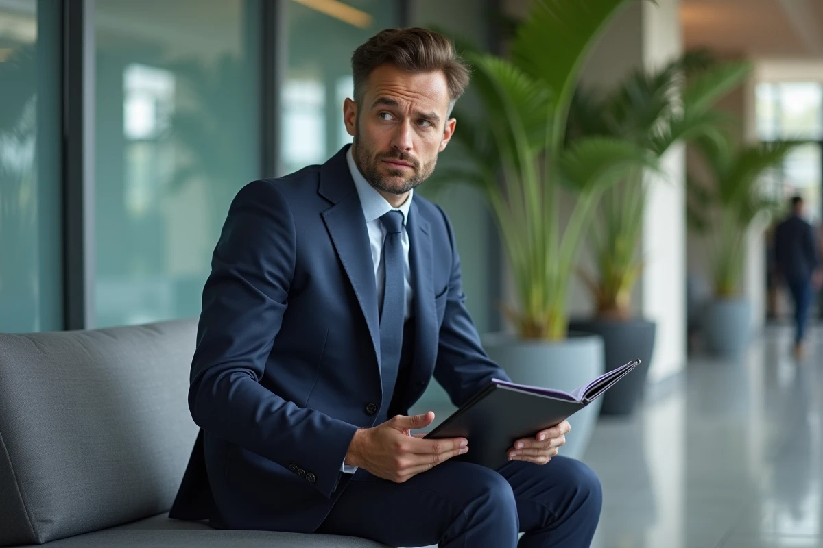 Homme nerveux en costume navy lors d'un entretien d'embauche