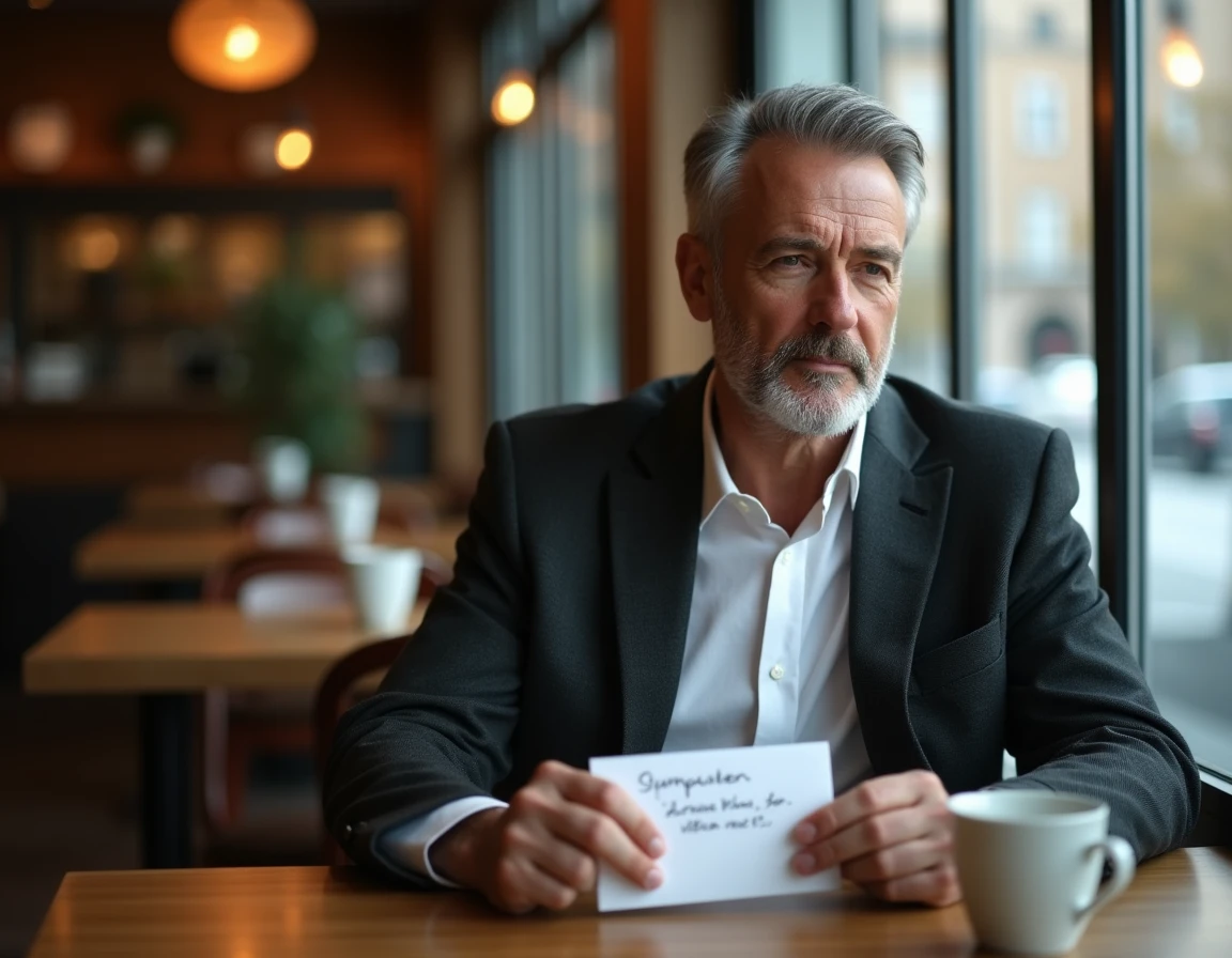 Homme tenant une enveloppe de condoléances manuscrite dans un café, expression recueillie