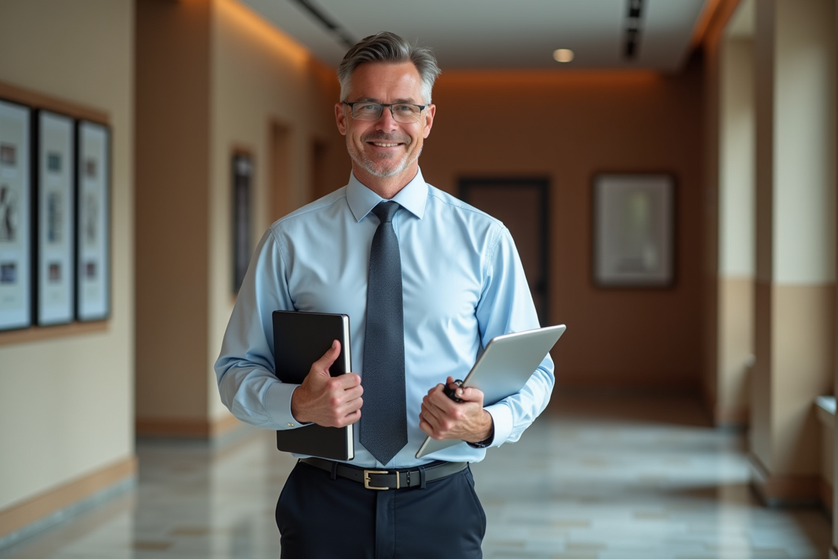 Homme daffaires souriant dans un couloir dentreprise