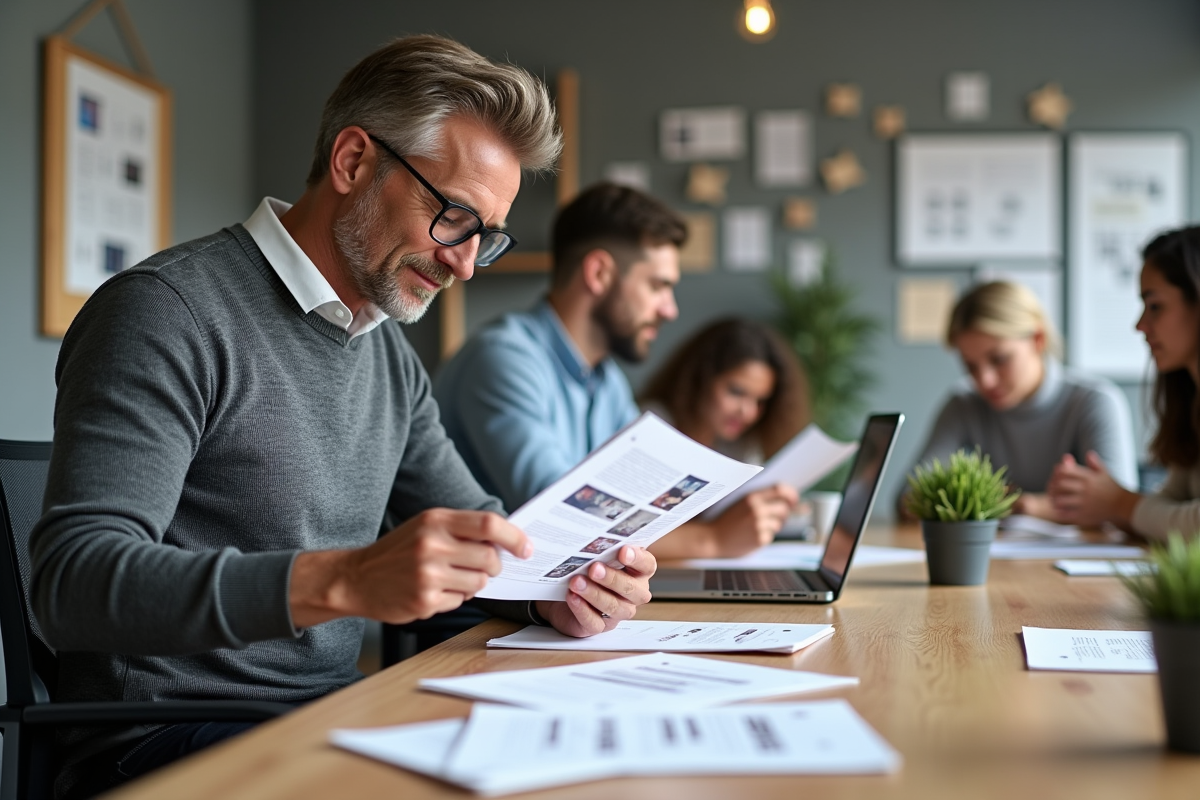 Homme vérifiant des flyers imprimés dans un espace de coworking lumineux
