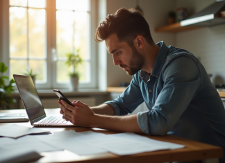 Perte d’emploi : Qui contacter pour trouver de l’aide en France ? Homme inquiet utilisant un ordinateur dans la cuisine