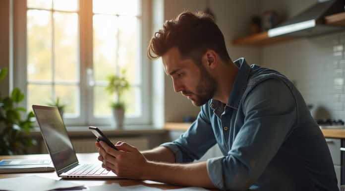 Homme inquiet utilisant un ordinateur dans la cuisine