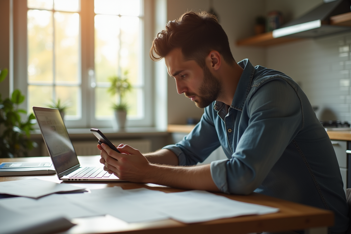 Homme inquiet utilisant un ordinateur dans la cuisine