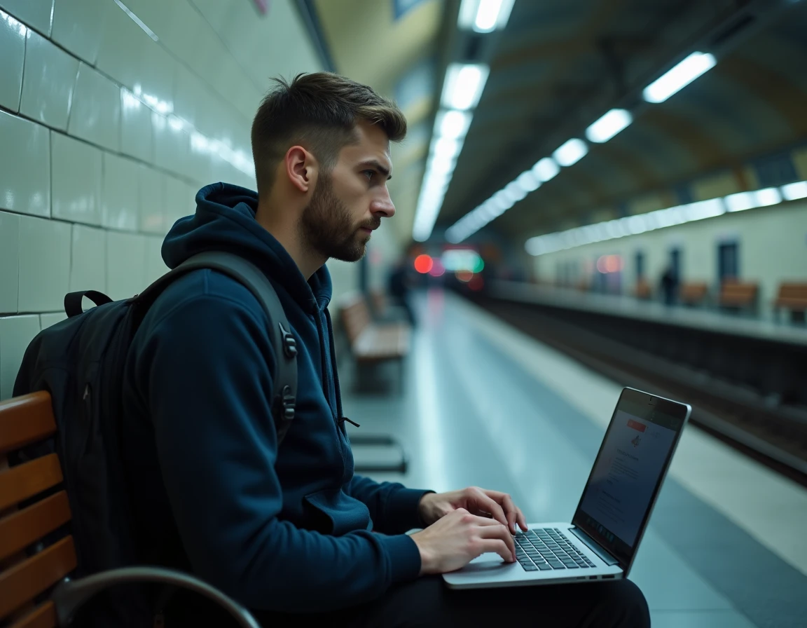 Homme utilisant un ordinateur portable dans une station de métro parisienne pour vérifier l'état du site Urbanweb RATP