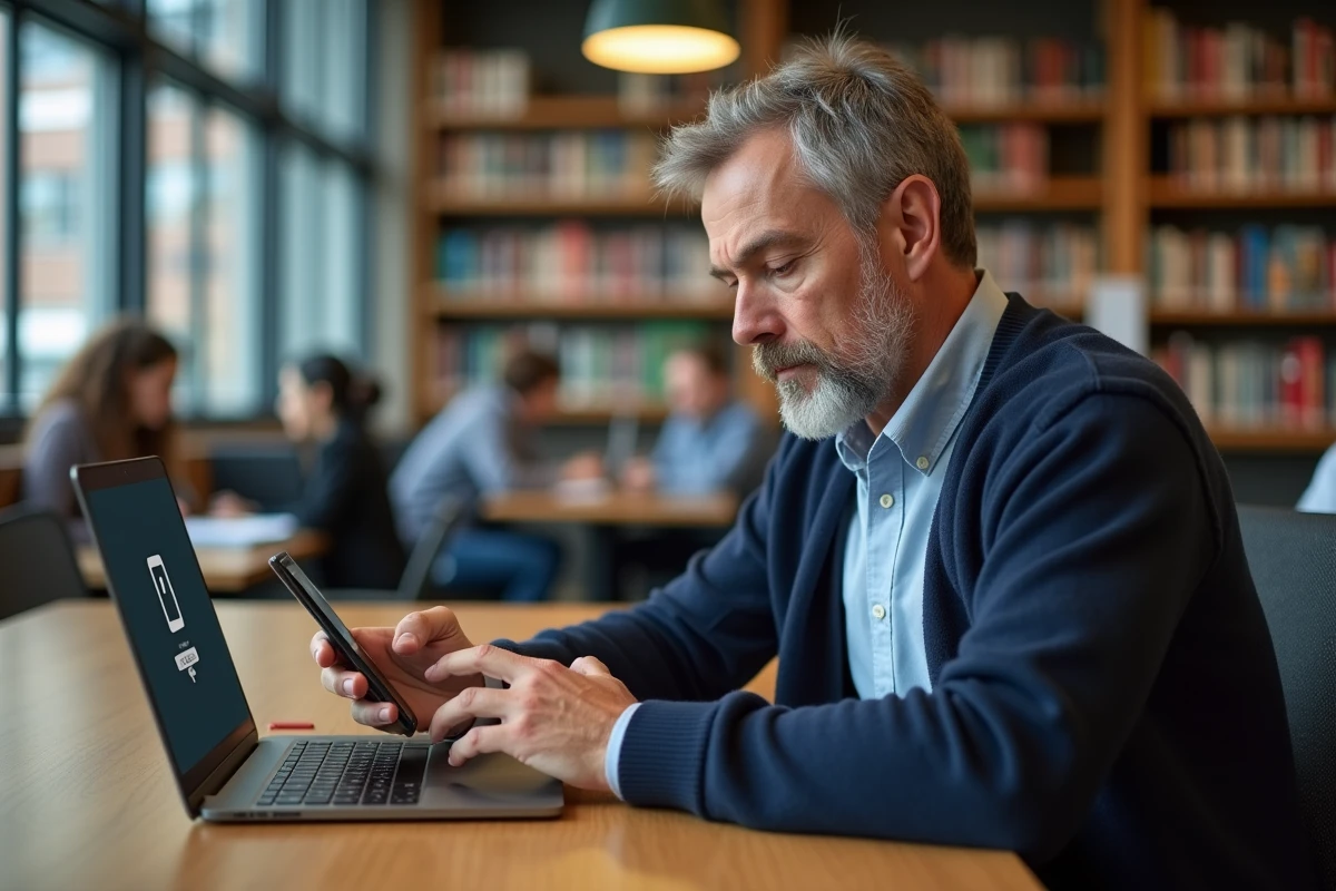 Homme concentr&eacute; dans une biblioth&egrave;que avec ordinateur et smartphone