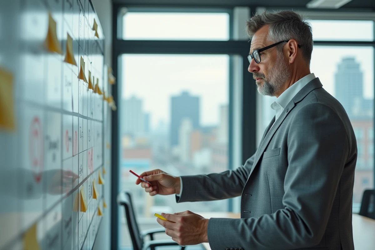 Homme en costume analysant un tableau de planning mural