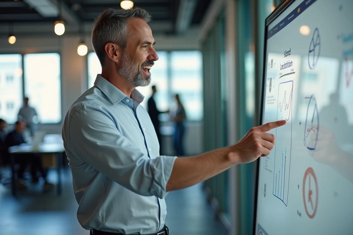 Homme en coworking expliquant un diagramme