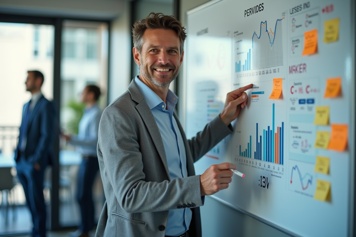 Homme en réunion expliquant des indicateurs sur un tableau blanc