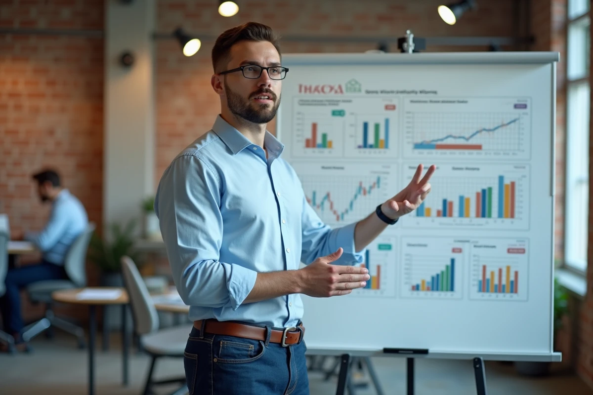 Jeune homme expliquant des calculs financiers devant un whiteboard