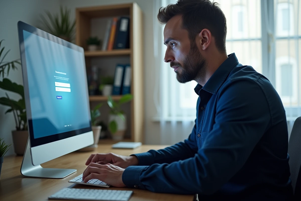 Homme en télétravail réinitialisant son mot de passe sur le formulaire de connexion d'une application RH