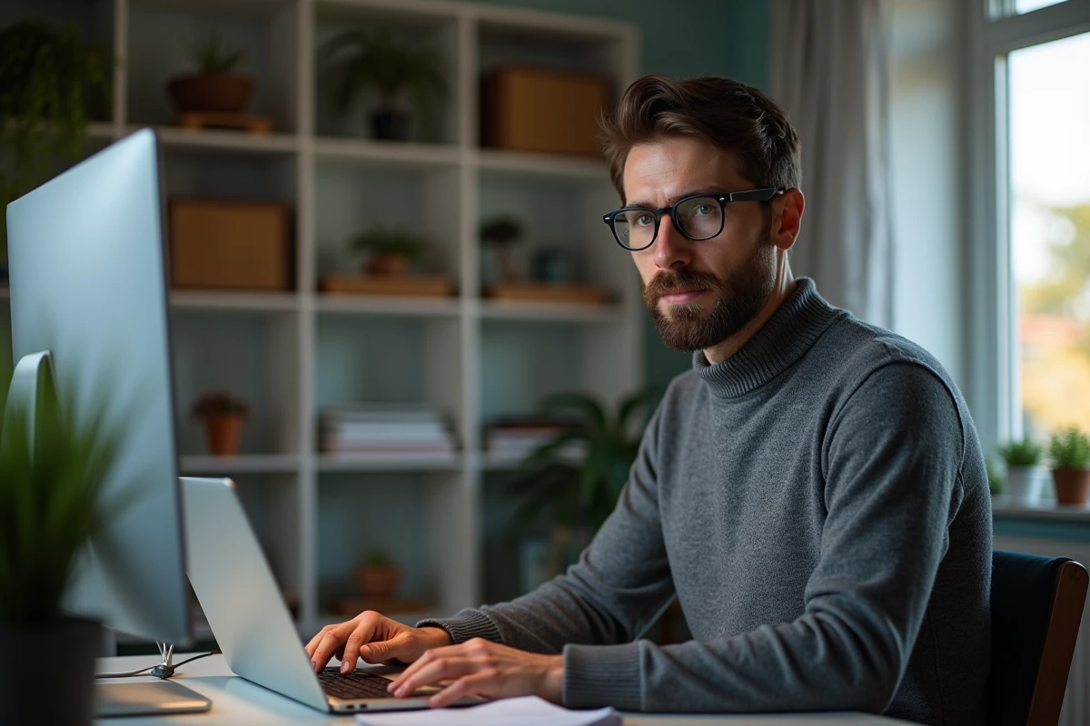 Homme en pullover saisissant un mot de passe sur son ordinateur