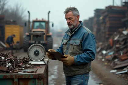 Homme d'&acirc;ge moyen v&eacute;rifiant le poids de ferraille dans une casse