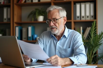 Homme senior consultant ses bulletins de paie sur ordinateur portable avant son départ à la retraite