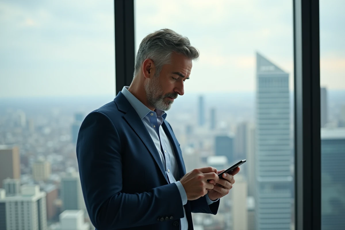 Homme en blazer regardant son smartphone dans un bureau urbain lumineux