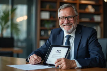 Homme d'âge moyen en costume navy tenant une tablette avec un certificat de brevet numérique