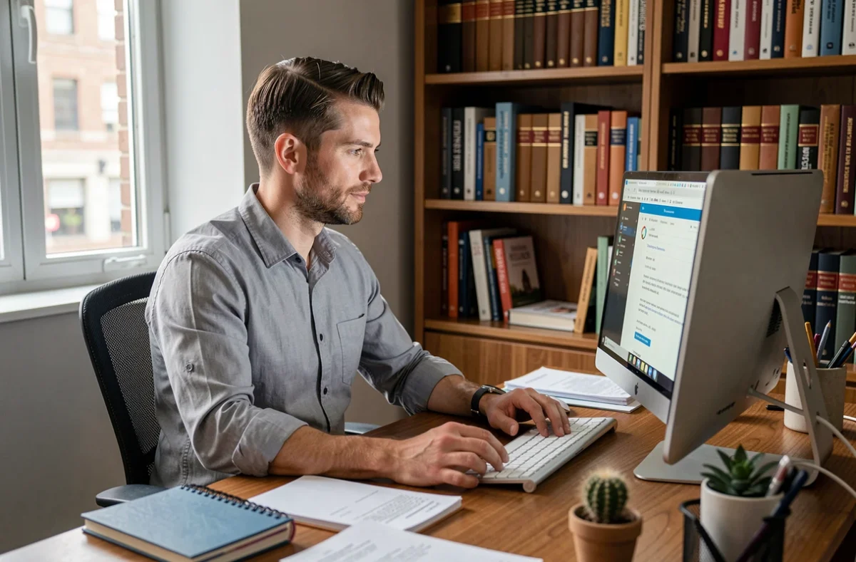 Homme en télétravail finalisant un email professionnel formel depuis son bureau à domicile
