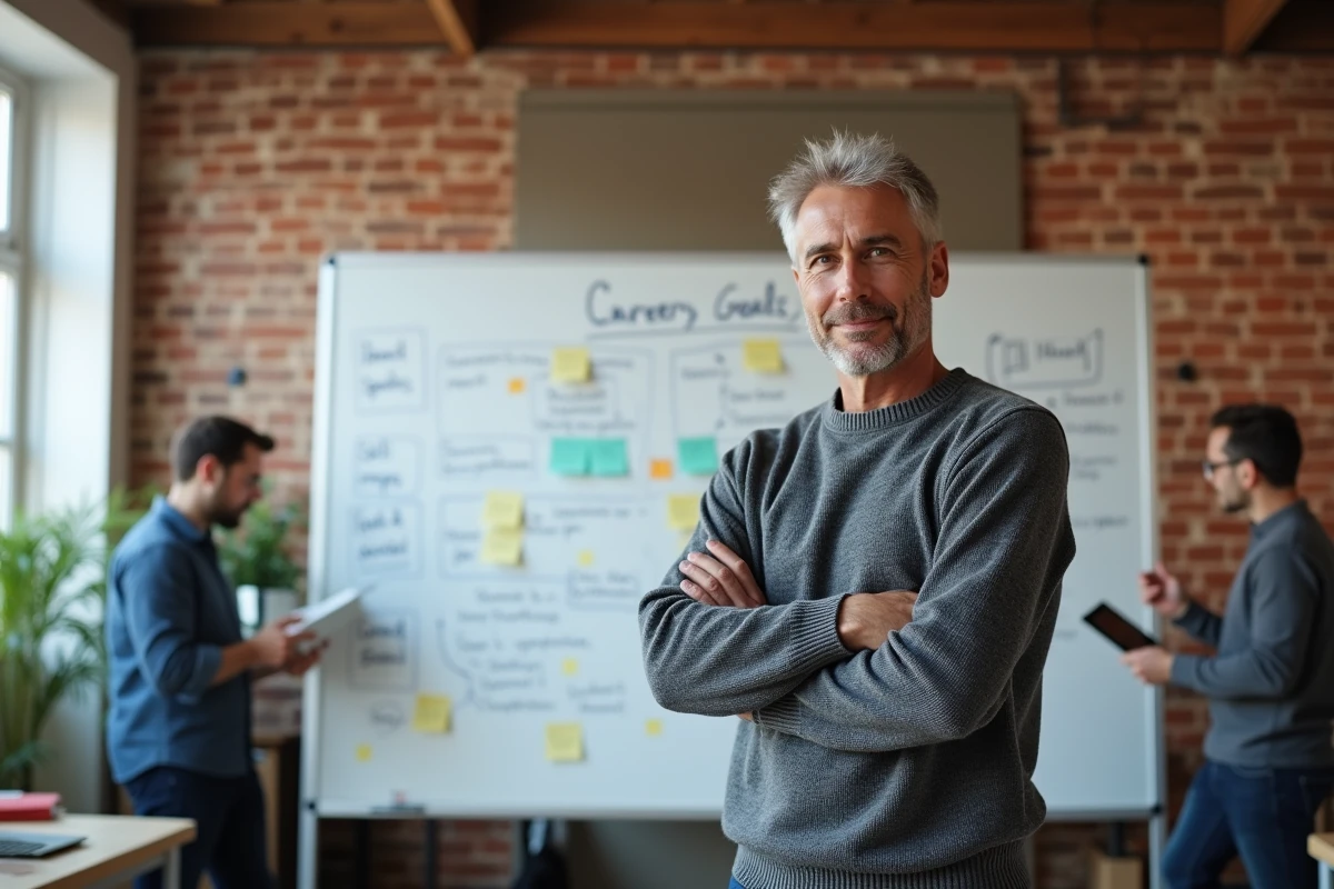 Homme en transition de carrière devant un tableau blanc avec des objectifs professionnels dans un espace de coworking