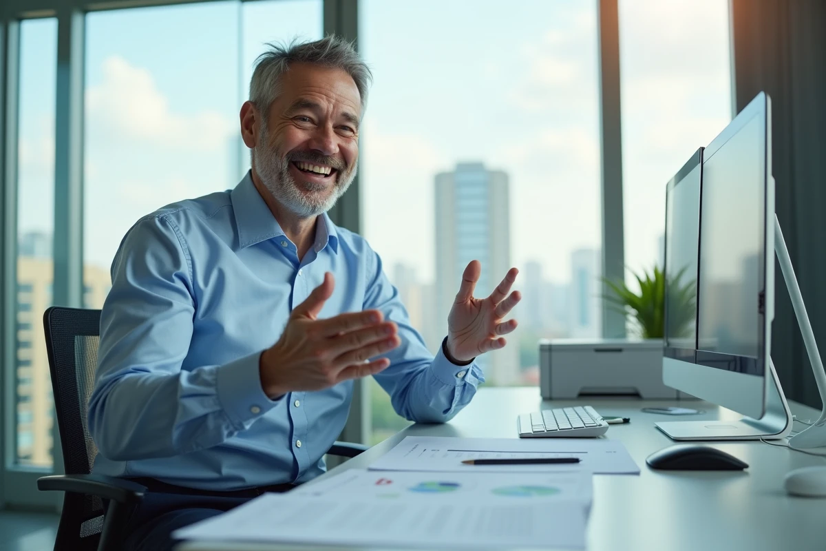 Homme détendu montrant un bureau avec une paperasse vide