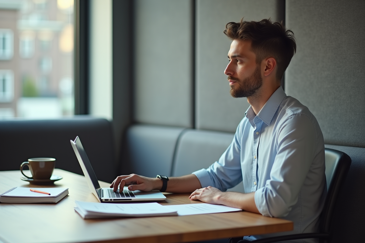 Jeune homme en visioconference dans un bureau lumineux