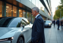 Homme d'affaires examinant une voiture électrique moderne à l'expo urbaine