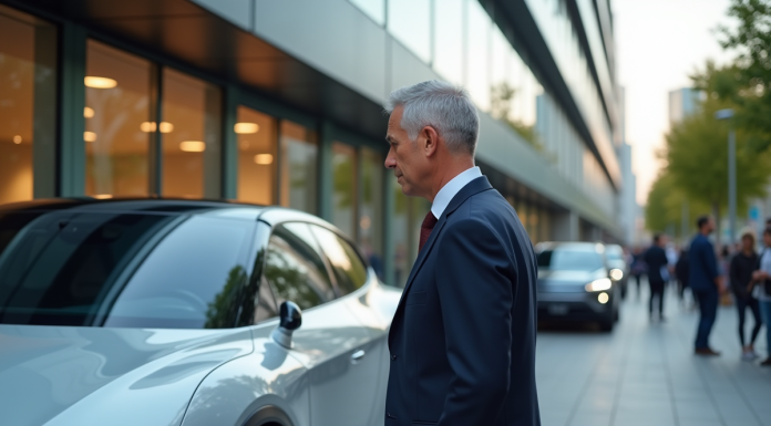 Homme d'affaires examinant une voiture électrique moderne à l'expo urbaine