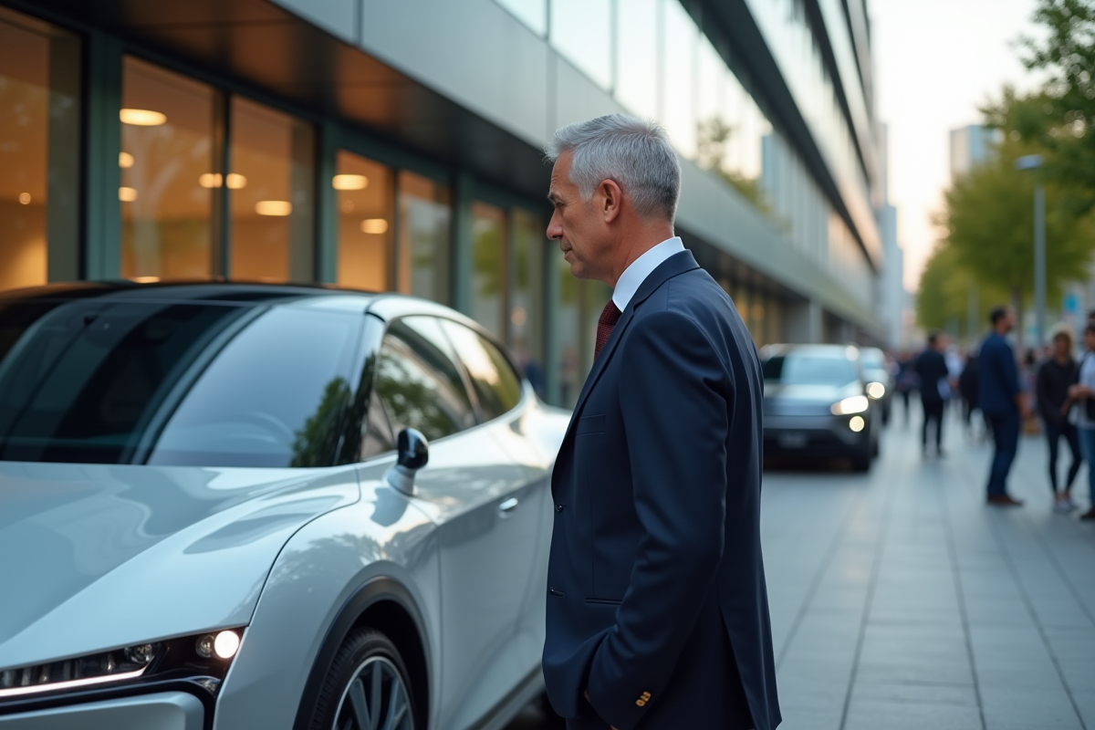 Homme d'affaires examinant une voiture électrique moderne à l'expo urbaine