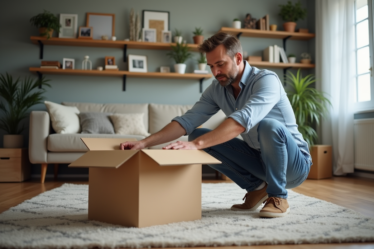 Homme plie des cartons dans un salon pour expédition