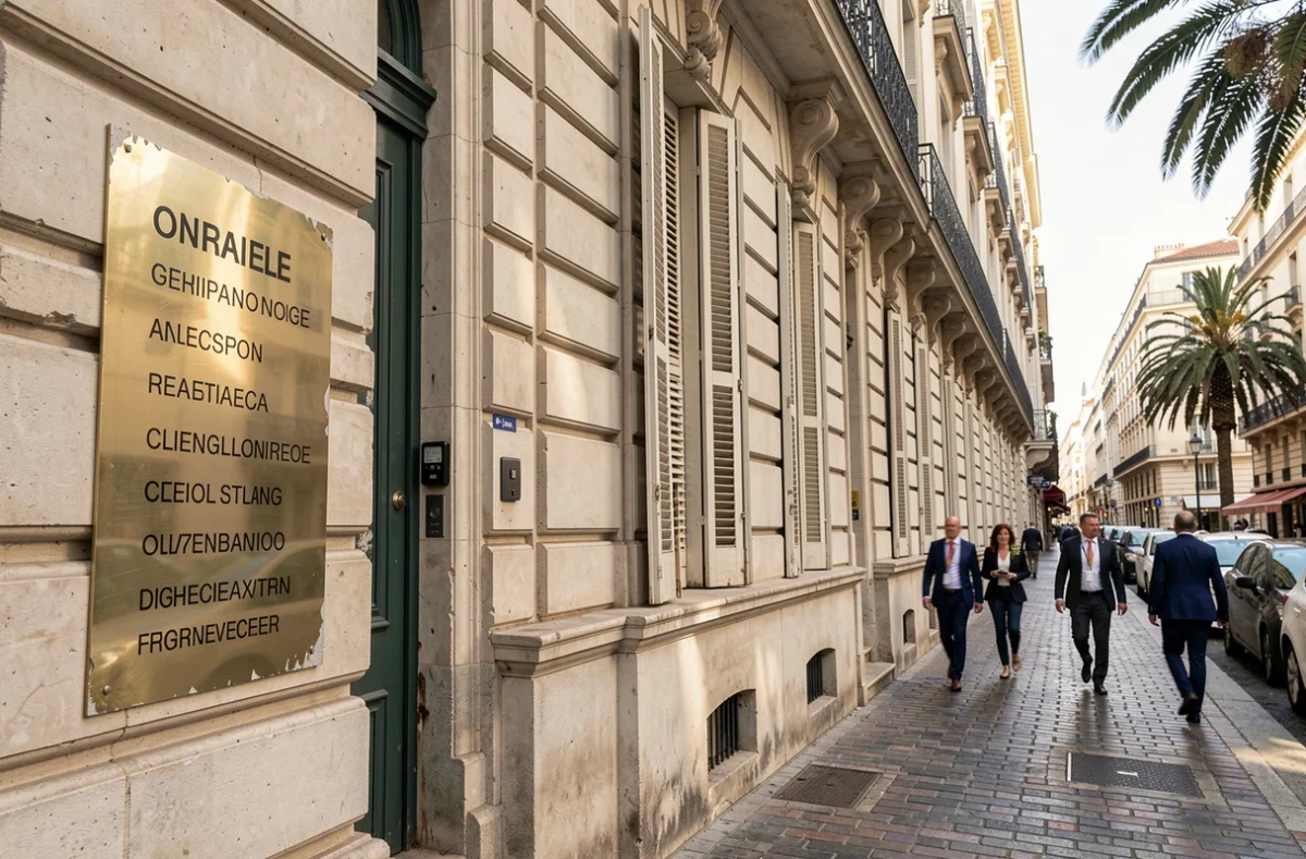 Façade d'un immeuble de bureaux haussmannien avec plaque de domiciliation d'entreprise à Marseille