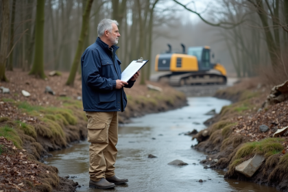 Inspecteur environnement au bord d'un ruisseau en forêt