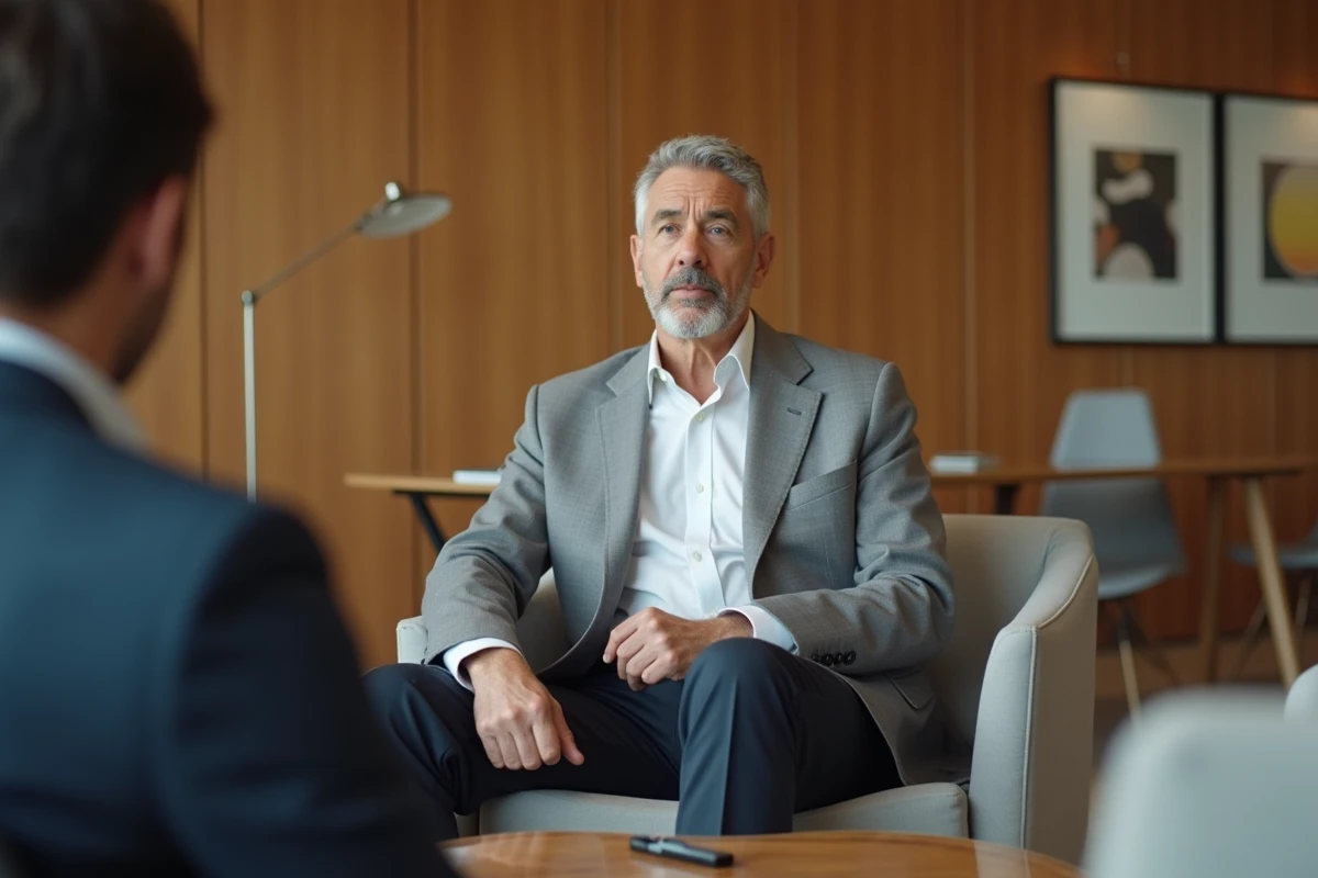 Cadre supérieur en interview pour un magazine économique dans un espace lounge contemporain, reportage photo réaliste