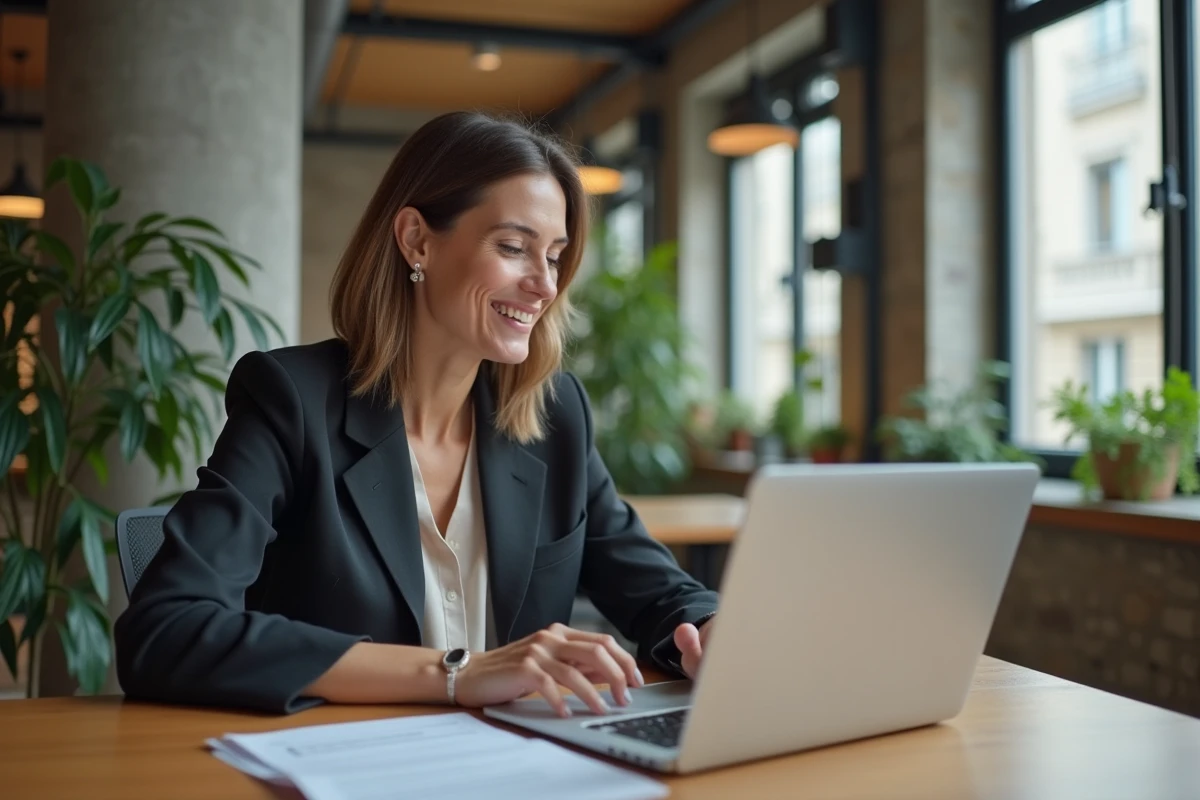 Femme nomade travaillant sur un tableau de bord administratif dans un espace de coworking parisien moderne