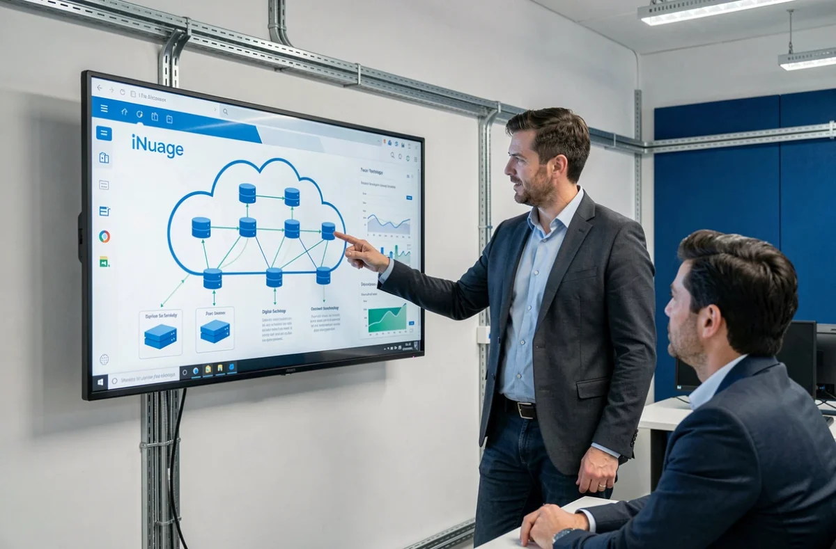 Consultant d'iNuage présentant un schéma d'infrastructure cloud sur grand écran à un collègue dans un bureau technologique moderne