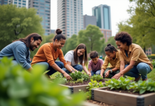 Groupe diversifié dans un jardin communautaire en ville