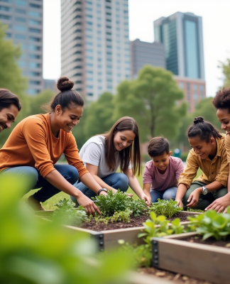 Groupe diversifié dans un jardin communautaire en ville