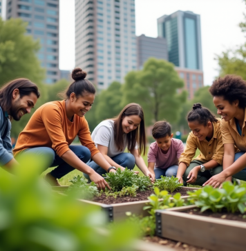 Villes durables : l’objectif principal des communautés et des villes Groupe diversifié dans un jardin communautaire en ville
