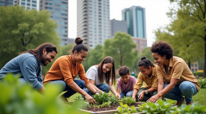 Groupe diversifié dans un jardin communautaire en ville