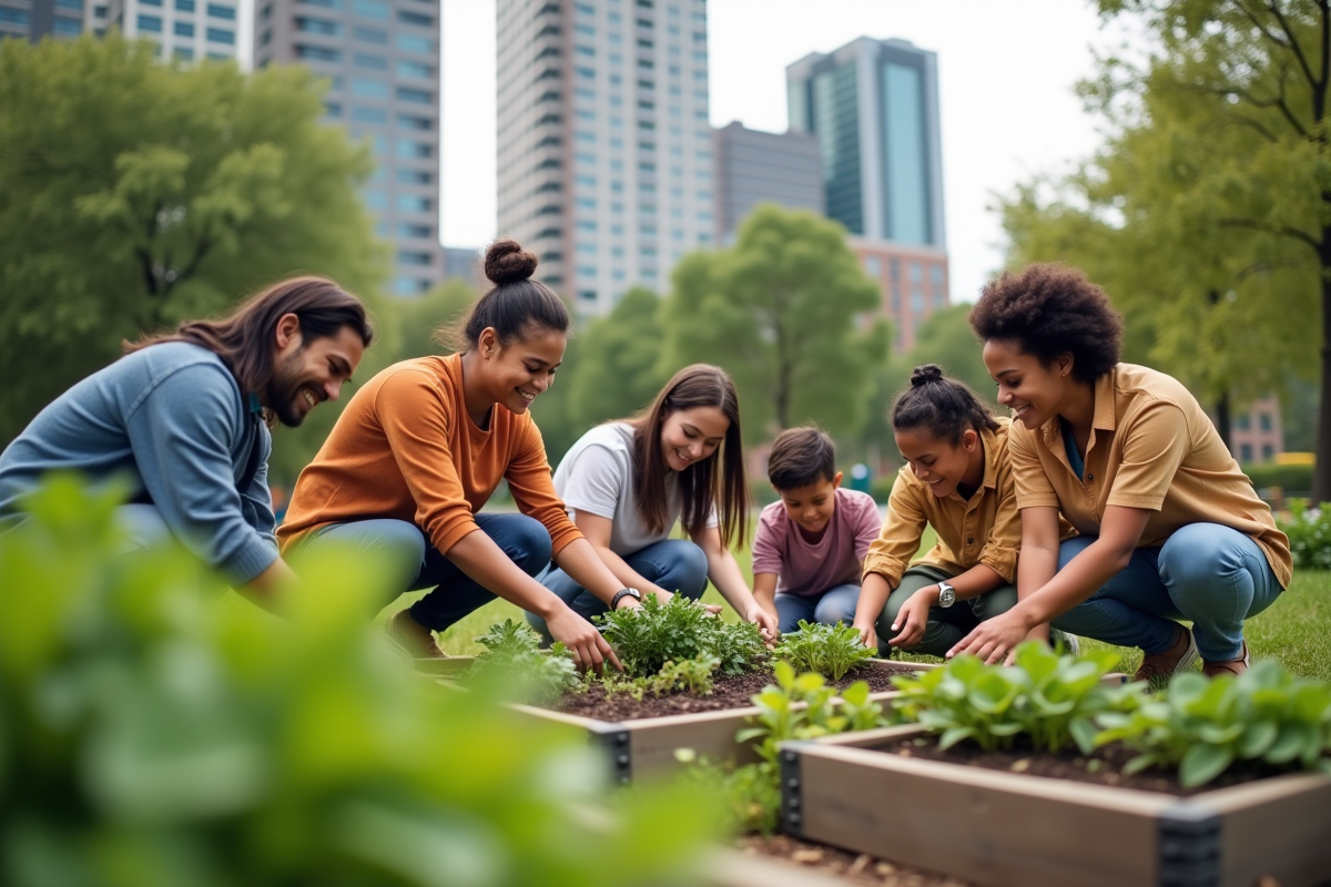 Groupe diversifié dans un jardin communautaire en ville