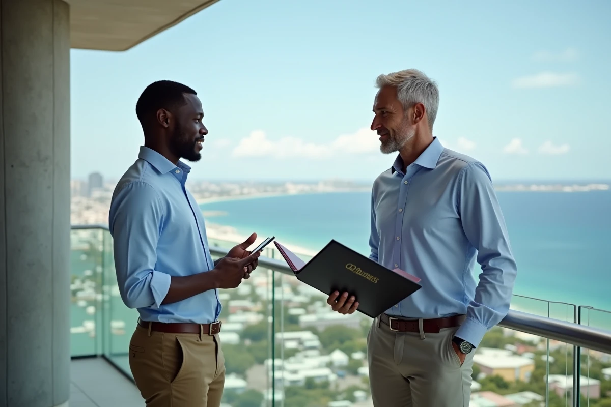 Jeune entrepreneur mahoraise discutant sur un balcon avec un consultant