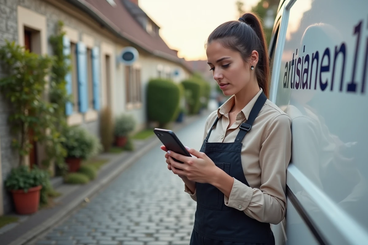 Jeune femme artisan regardant son smartphone devant sa camionnette