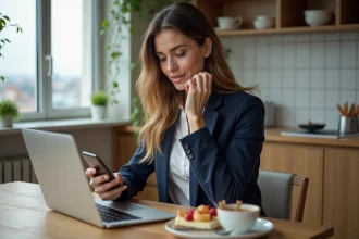 Jeune femme professionnelle dans sa cuisine moderne avec smartphone