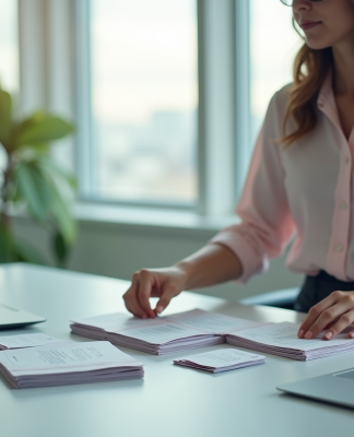Jeune femme professionnelle arrangeant des flyers dans un bureau moderne